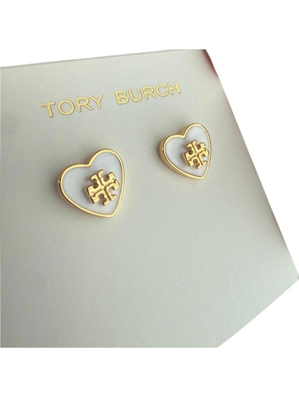 Tory Burch Kira White Enamel Heart Logo Stud Earrings Gold Tone-NWT